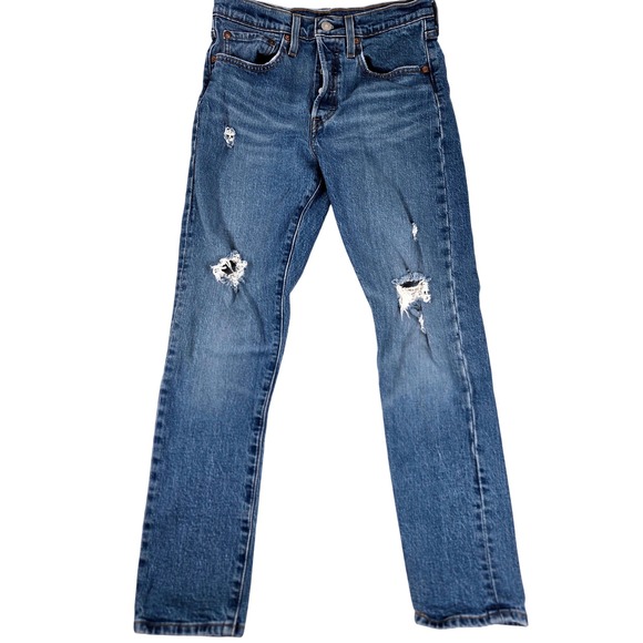 Levi's 501 S‎ Skinny Jeans Ripped Distressed Denim Blue Women's W26 L28 80s Cool - Picture 1 of 14